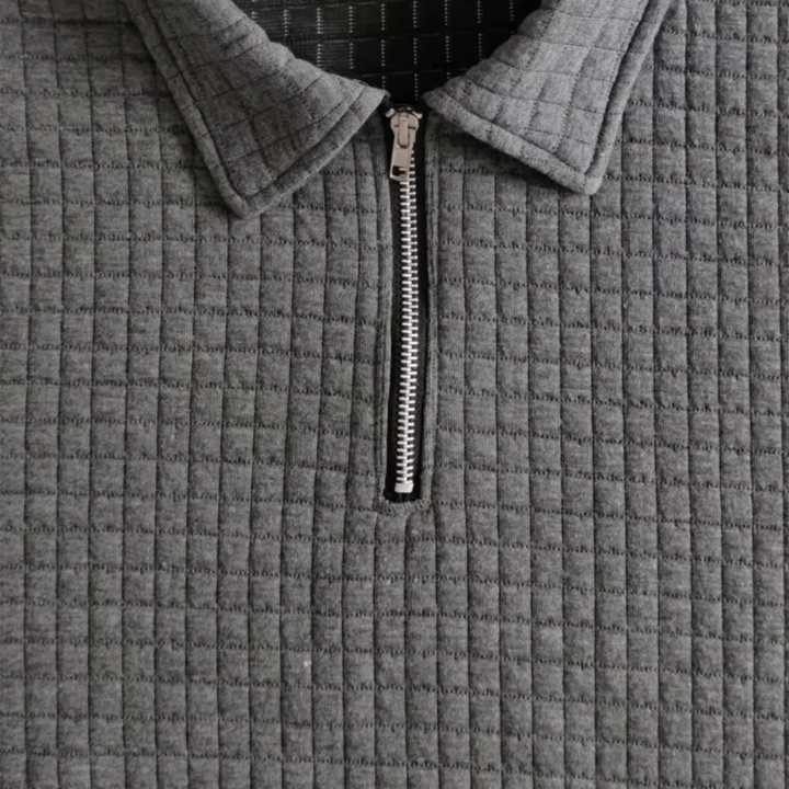 Close-up of men's waffle knit polo shirt fabric and collar detail
