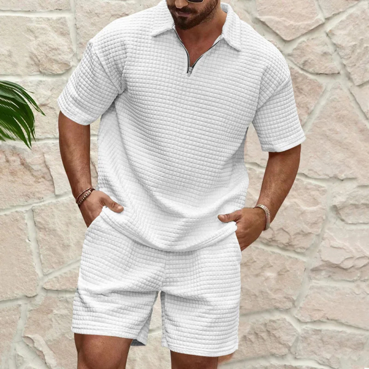 Men's matching polo and shorts set in relaxed fit, full outfit view
