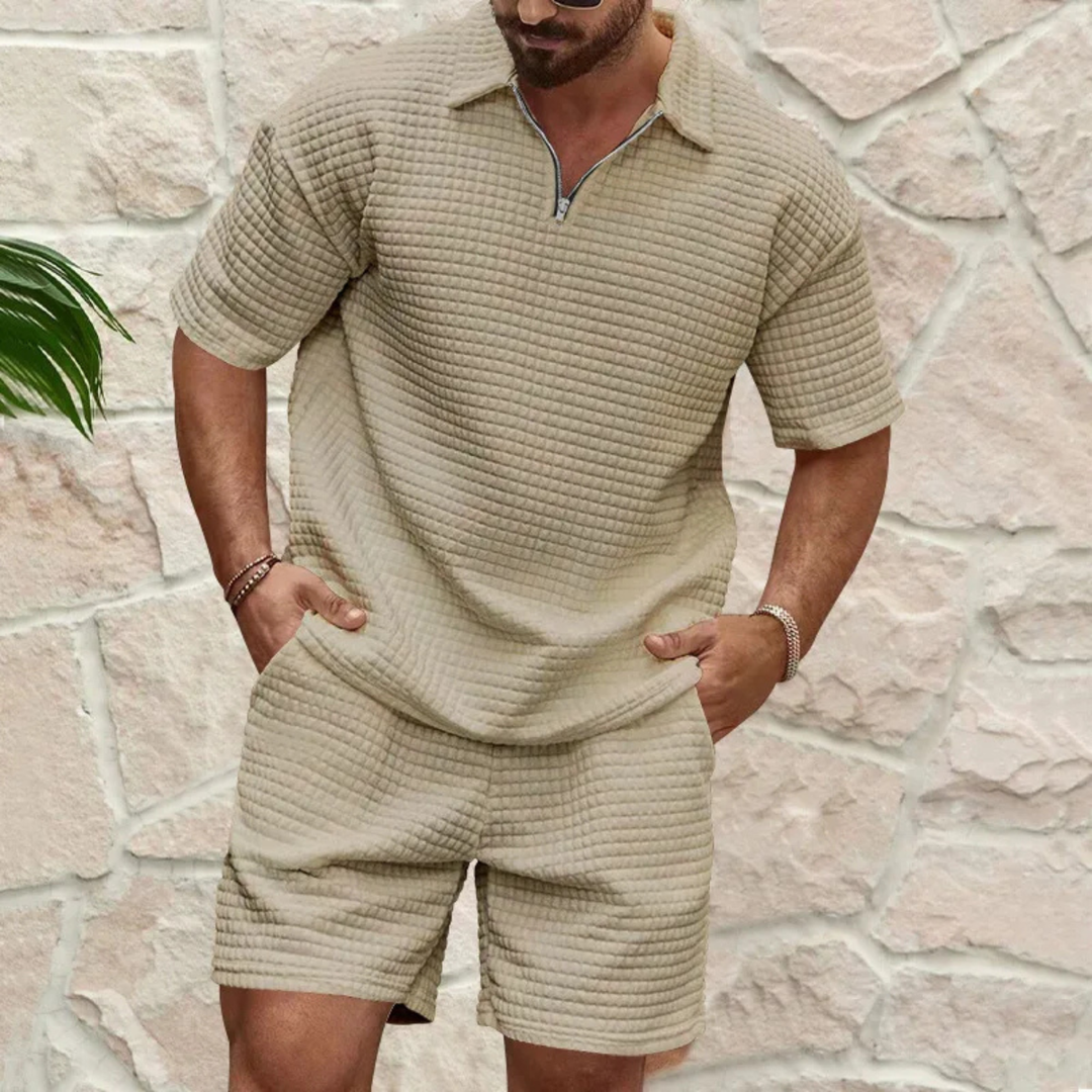 Men's Waffle Knit Polo And Shorts Set Relaxed Fit