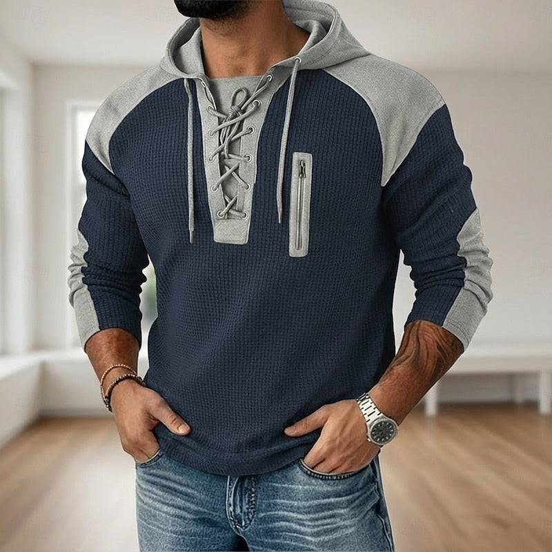 Full view of the men's waffle knit lace-up hooded jumper