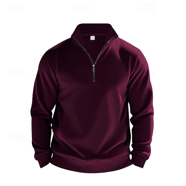 Full view of the men's quarter zip stand collar jumper