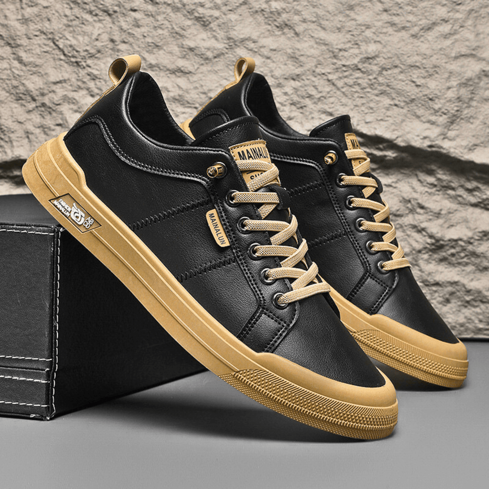 Men's leather low top trainers viewed from the front