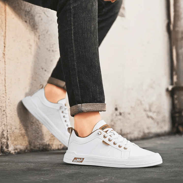 Close-up of the leather upper on men's low top trainers