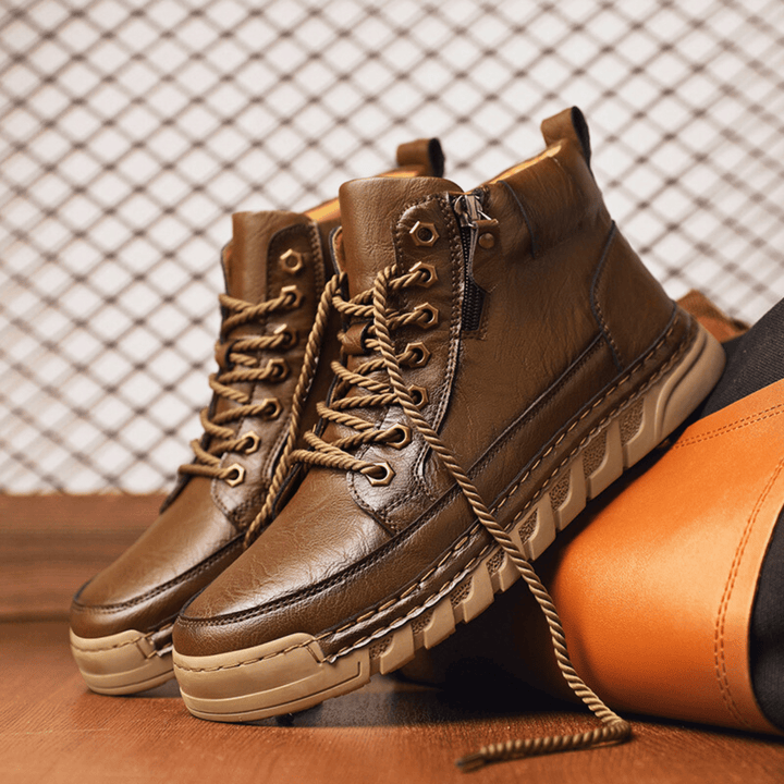 Men's leather boots showing the secure fastening detail