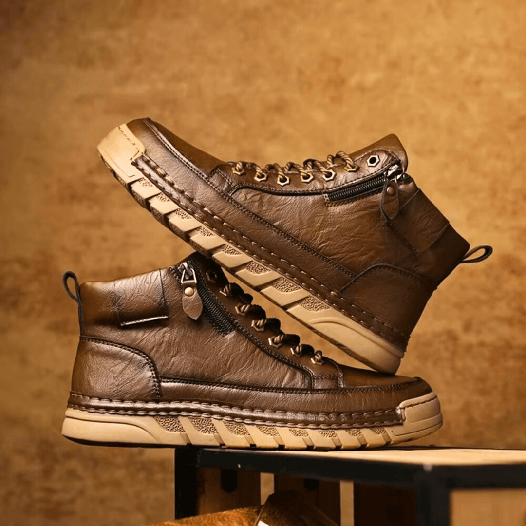 Close-up of the leather upper on men's classic boots
