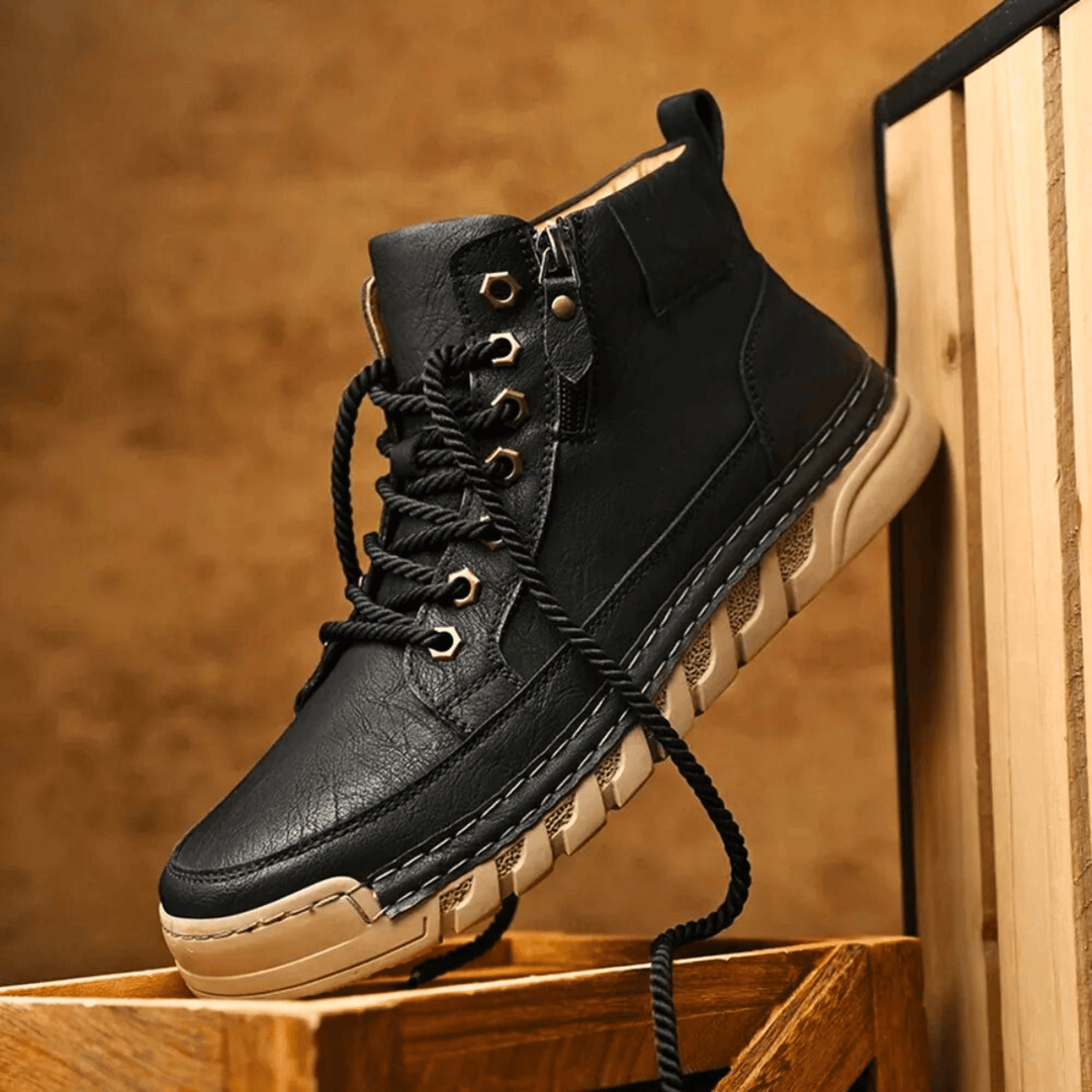 Side view of men's leather boots with a regular fit