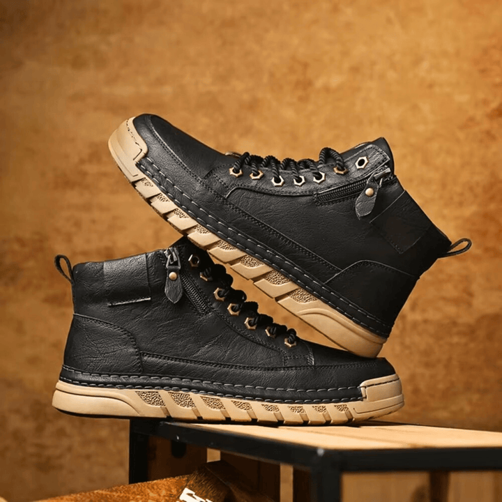 Rear view of men's leather boots with sturdy construction