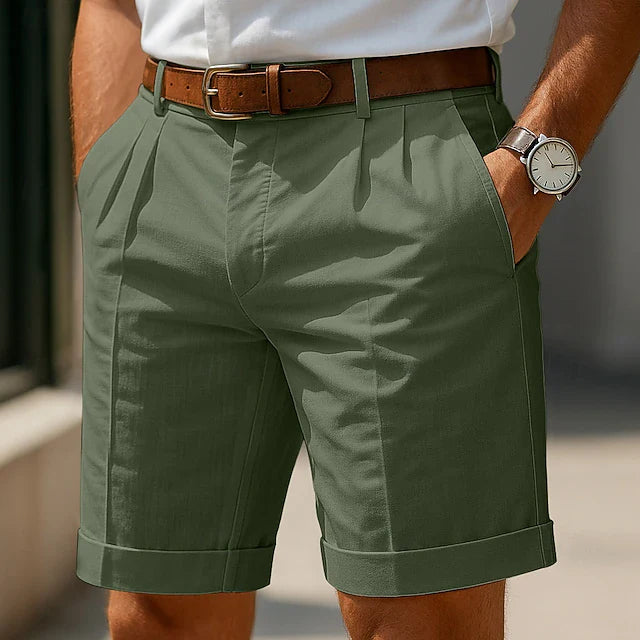 Close-up of pleated front detail on men's summer shorts