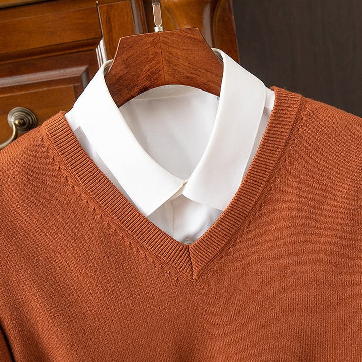 Men's fine knit V-neck jumper styled for a smart casual outfit