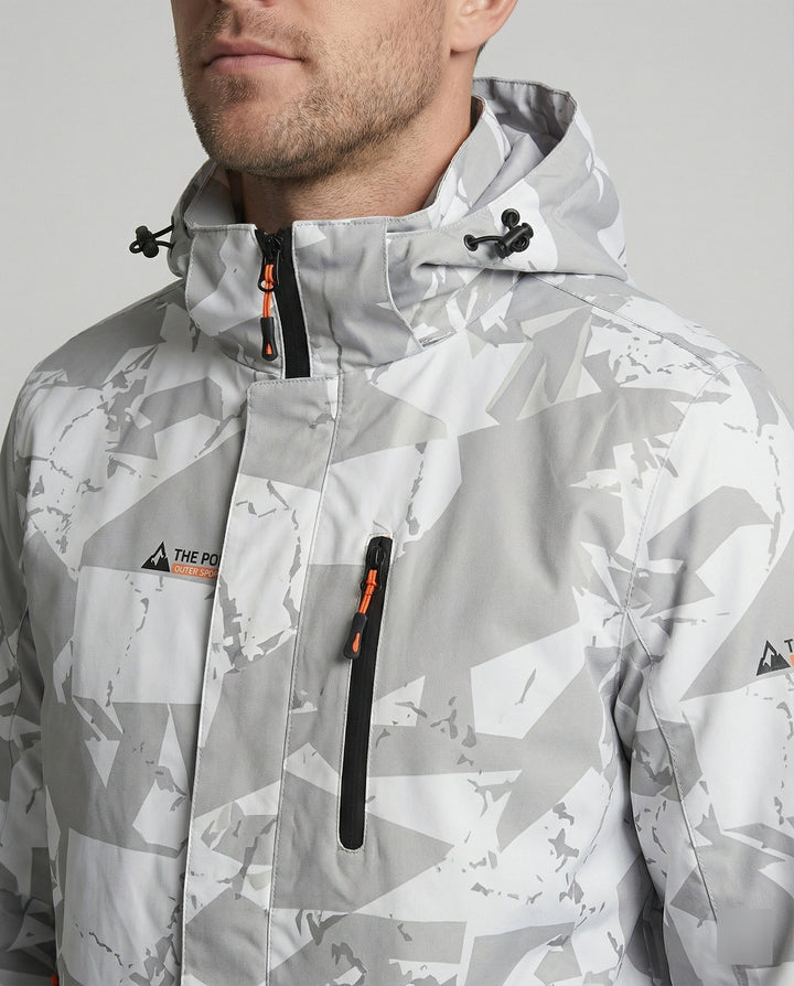 Close-up of the letter print on the women's ski jacket