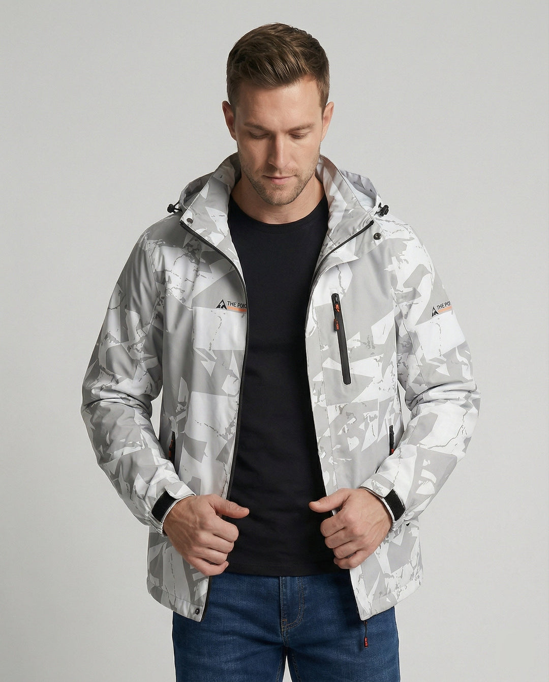 Women's sporty ski jacket with letter print shown from the front