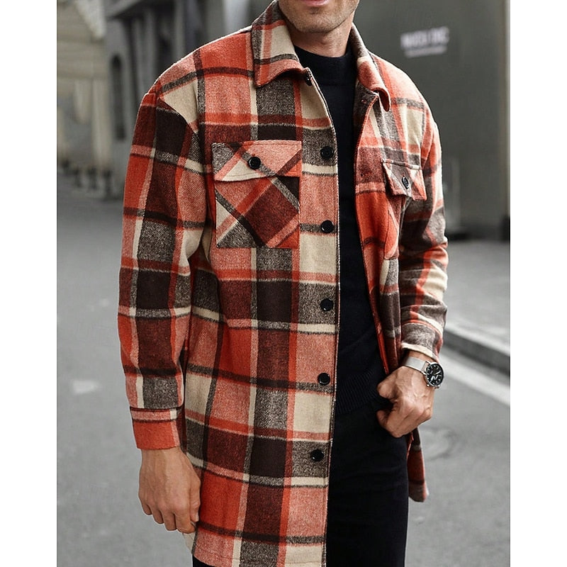 Men's plaid shirt jacket shown from the back