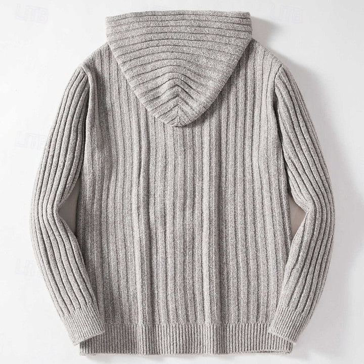 Back view of a men's cable knit hooded cardigan