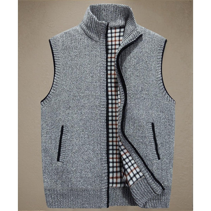 Men's knitted gilet with stand collar shown from the front
