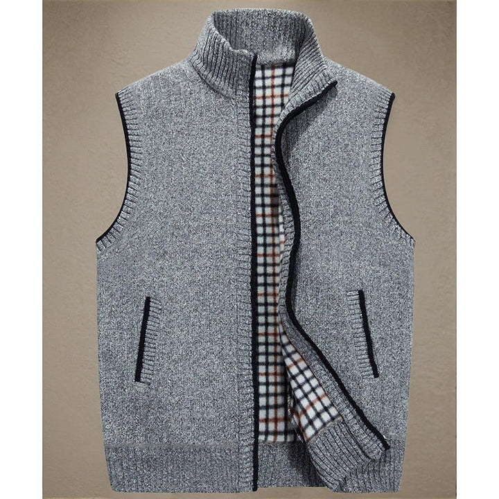 Men's knitted gilet with stand collar shown from the front