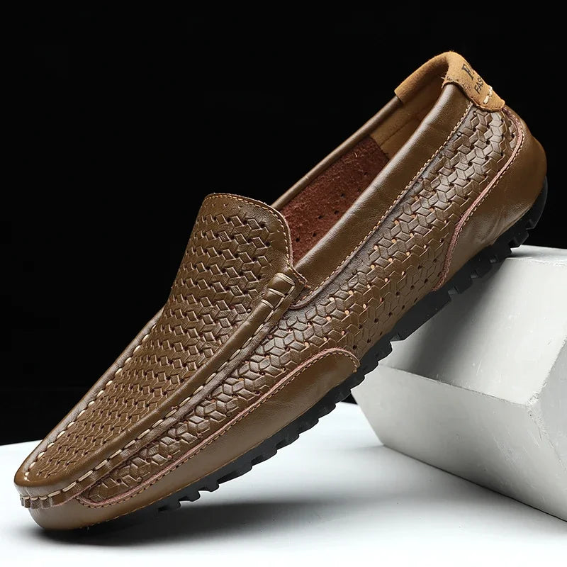 Close-up of the men's loafer stitching and refined upper